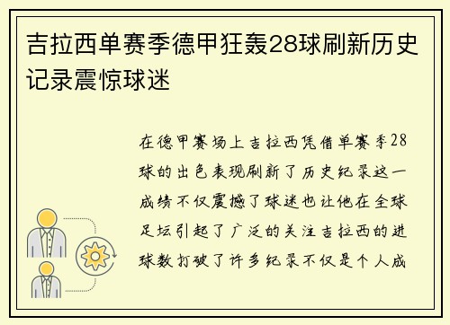 吉拉西单赛季德甲狂轰28球刷新历史记录震惊球迷 吉拉西单赛季德甲狂轰28球刷新历史记录震惊球迷