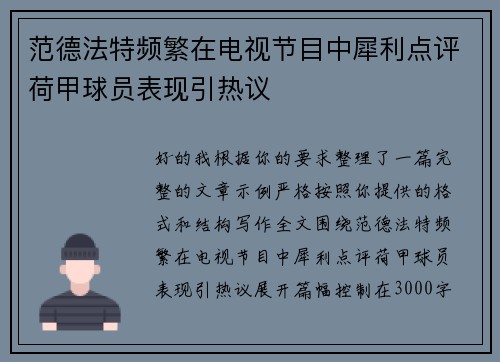 范德法特频繁在电视节目中犀利点评荷甲球员表现引热议