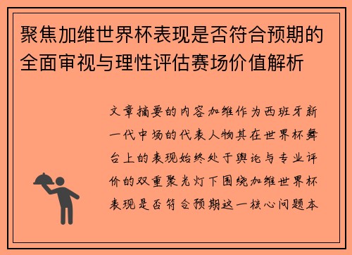聚焦加维世界杯表现是否符合预期的全面审视与理性评估赛场价值解析