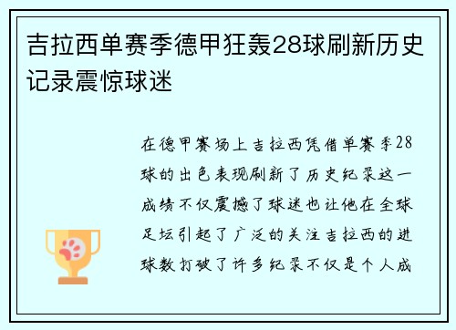 吉拉西单赛季德甲狂轰28球刷新历史记录震惊球迷 吉拉西单赛季德甲狂轰28球刷新历史记录震惊球迷