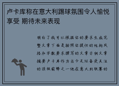 卢卡库称在意大利踢球氛围令人愉悦享受 期待未来表现